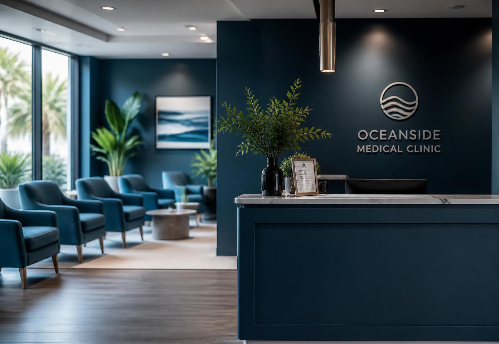 Recepção da Clínica Maré em tons de azul marinho com poltronas e balcão de atendimento
